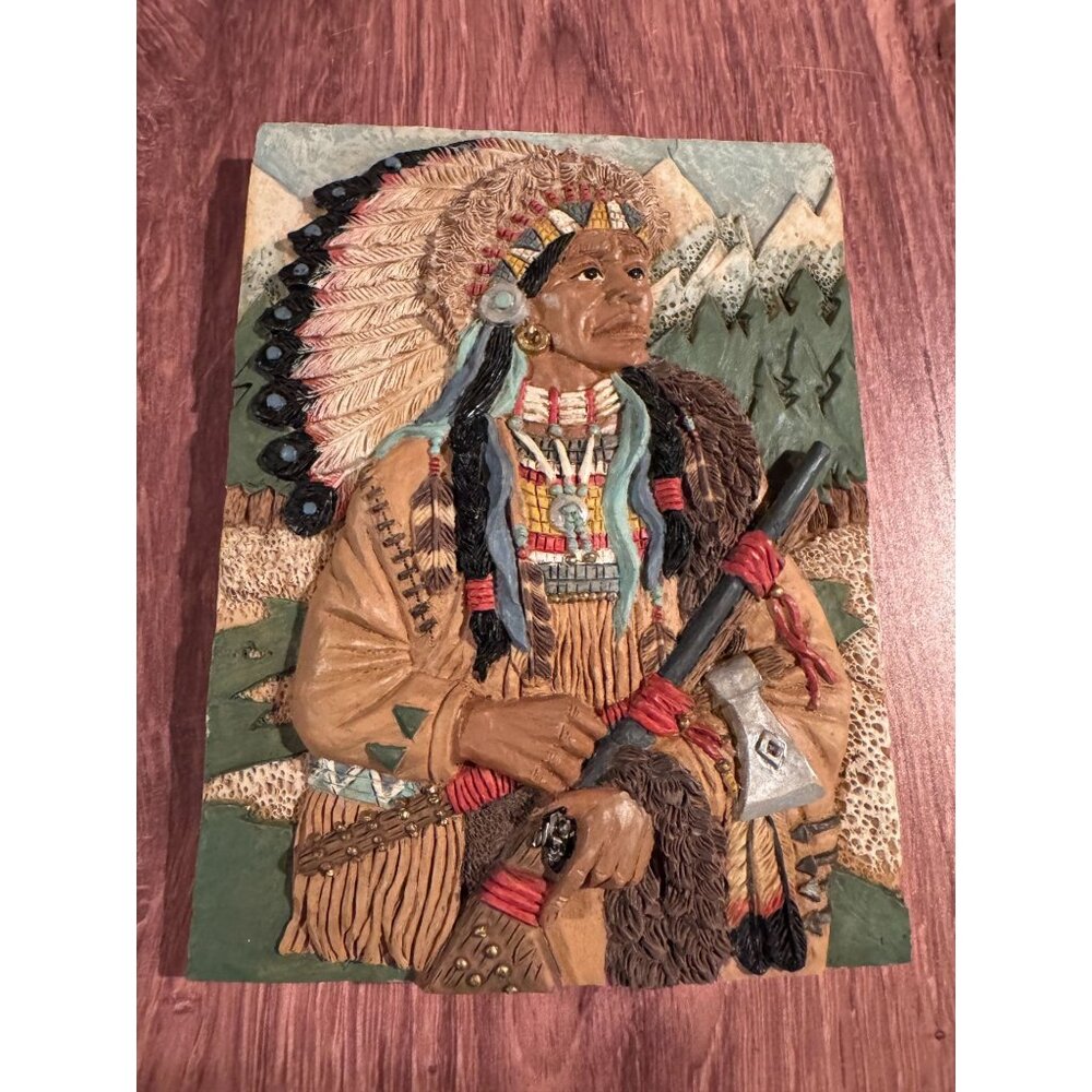 🖼️ Native American 3D Ceramic Wall‎ Art – Warrior with Headdress & Tomahawk